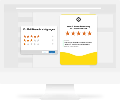 Grafik: Trusted Shops Benachrichtigungsfunktion für Kundenbewertungen auf einem Desktop-PC